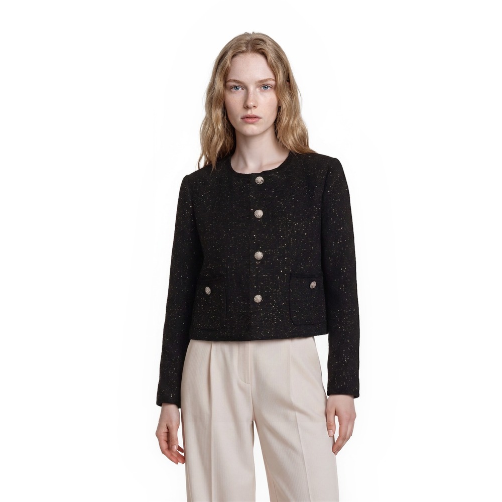 NEW Ann Taylor Sequin Tweed Jacket Women's Size 6 Black Gold Jewel Button Blazer